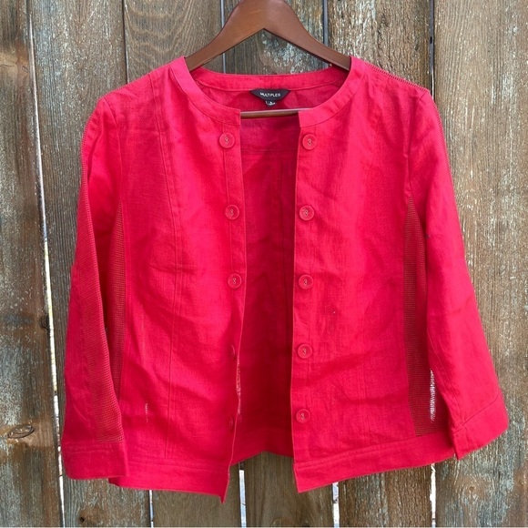 Multiples Jackets & Blazers - MULTIPLES Women’s Red Linen Open Front Lightweight Jacket Blazer Size Small